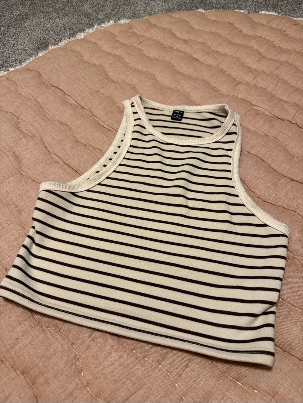 SHEIN Cream Crop Tank with Black Stripes